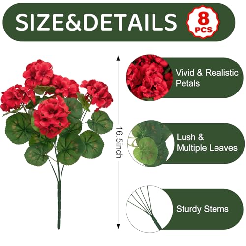 17" Artificial Geranium Flowers - 8 Pcs Red Silk Plants for Outdoors