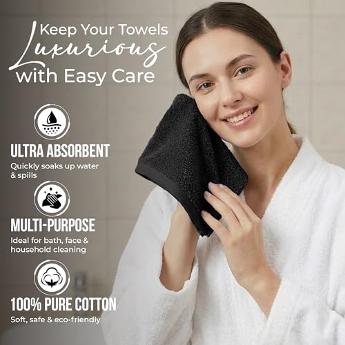 RIVERSIDE Black Washcloths Pack of 12 | 12x12 Inches | 100% Cotton Soft & Absorbent Towels