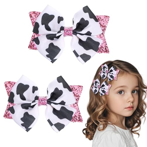 Cow Print Hair Bows Clips - 2 Pack Pink Grosgrain for Girls