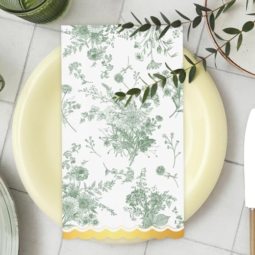 80 Pcs Green Floral Disposable Napkins with Gold Foil - Vintage Style