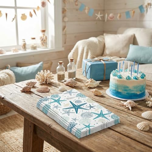 100 Coastal Paper Napkins - Starfish & Seashell Design for Parties