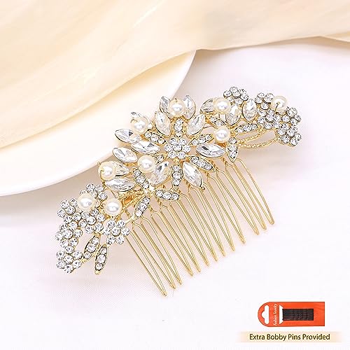 Rose Gold Bridal Hair Comb with Pearls and Crystals for Wedding