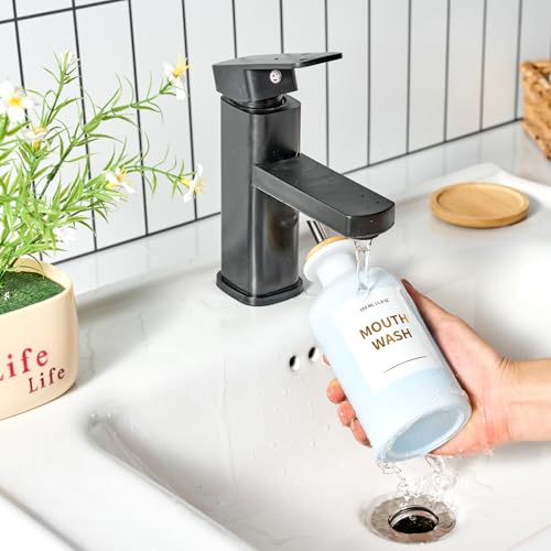 MUVEKA White Glass Mouthwash Dispenser Set - 11.8oz with Bamboo Tray