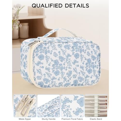 Relavel Travel Makeup Bag, Small Floral Cosmetic Bag with Makeup Brush Compartment, Portable Makeup Pouch for Women, Double Layer Makeup Organizer Bag Cute Toiletry Bag