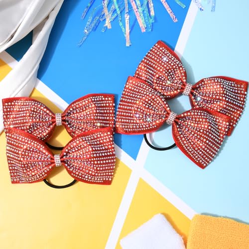 DEEKA 6-Pack Red Glitter Tailless Cheer Bows with Rhinestones