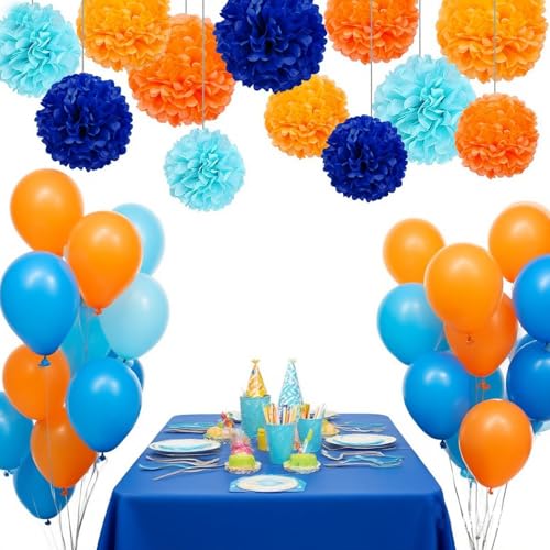 12pcs Tissue Paper Pom Poms - Navy Blue, Sky Blue & Orange Party Decor