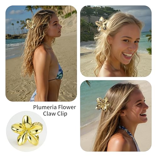 Gold Plumeria Hair Claw Clip - 3.15'' Tropical Flower Accessory
