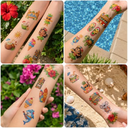 96pcs Hawaiian Temporary Tattoos - Tropical Beach Designs