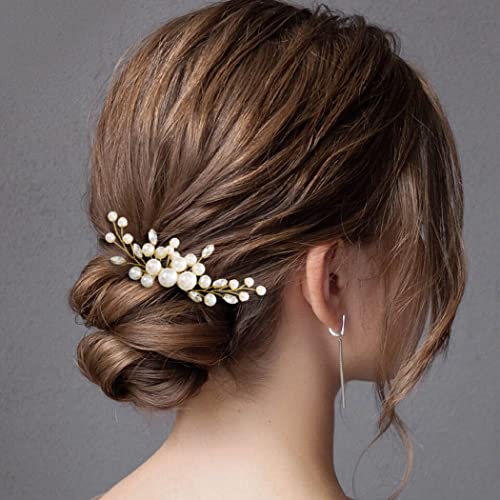 Gold Pearl Hair Comb with Rhinestones for Brides - T-Gold