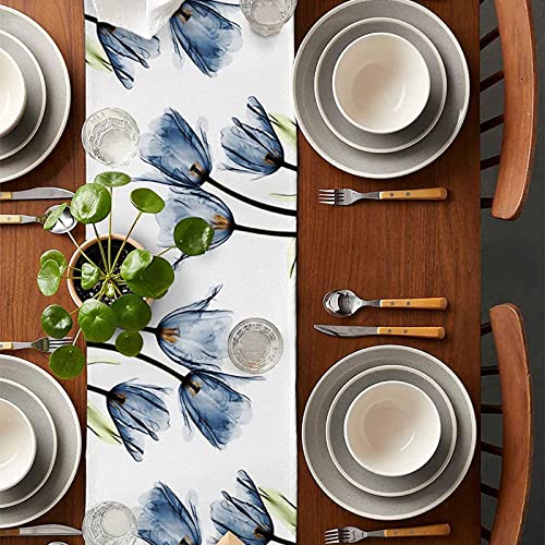 Floral Linen Table Runner - Tulip Blue, 13x72 Inch for Dining Decor