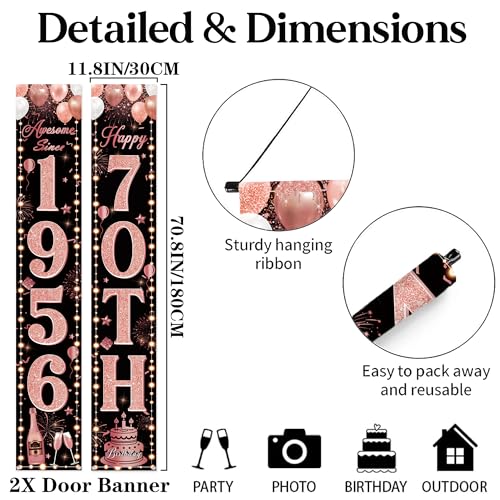 70th Birthday Banner Set - Black Rose Gold Decor for Women