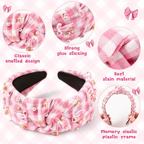 Y1tvei Plaid Bow Checked Headband with Rhinestones & Pearls - Wide Top Knot Fashion Hair Accessory for Women