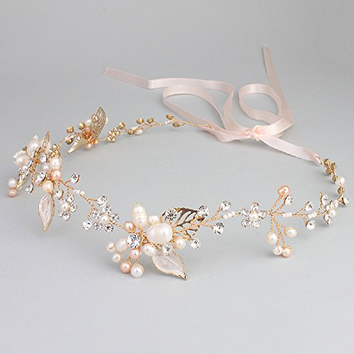 Oriamour Bridal Crystal Headband with Freshwater Pearls - Gold Wedding Hair