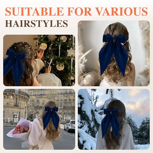 Navy Blue Silk Hair Bows 3P with Barrette Clips - Oversized Long Tail Coquette Style