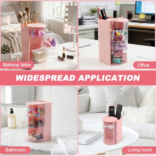 Pink Rotating Hair Accessories Organizer with Brush Holder, 3-Tier Storage
