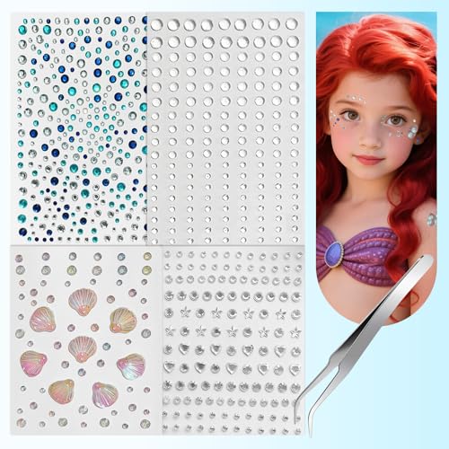 YUFUDUO 683 Pcs Multi-Color Self-Adhesive Face & Body Gems - Mermaid Suit Variant
