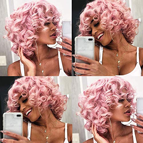 Pink Curly Wig for Women - Short Bouncy Afro Style with Bangs - Cosplay & Party Costume
