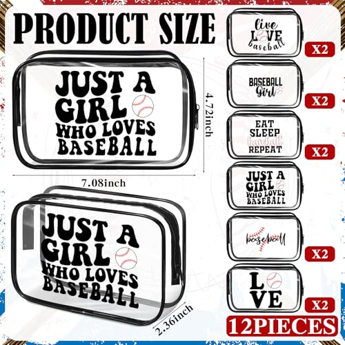 12 Pack Clear PVC Makeup Bags with Baseball Theme, Portable Gift Storage