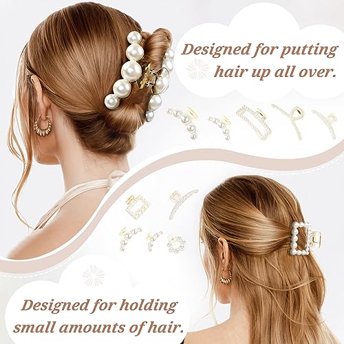 Pearl Hair Clips Set for Women - 8pcs Claw Barrettes for Thick & Thin Hair