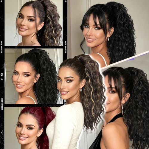 18 Inch Black Brown Curly Wavy Ponytail Extension Clip-In