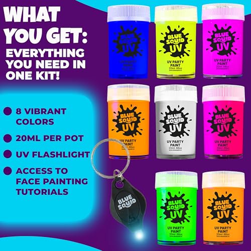 Blue Squid UV Body Paint Pots - 8 Neon Glow-in-the-Dark Face Paint Set