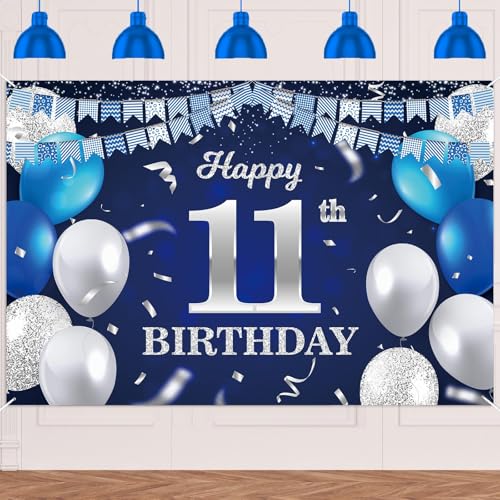 11th Birthday Banner Backdrop - Navy Blue Balloons & Confetti