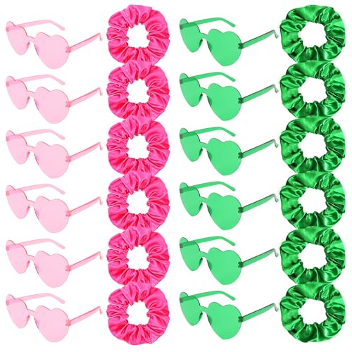 24Pcs Pink & Green Party Accessory Set: Satin Scrunchies & Heart Sunglasses