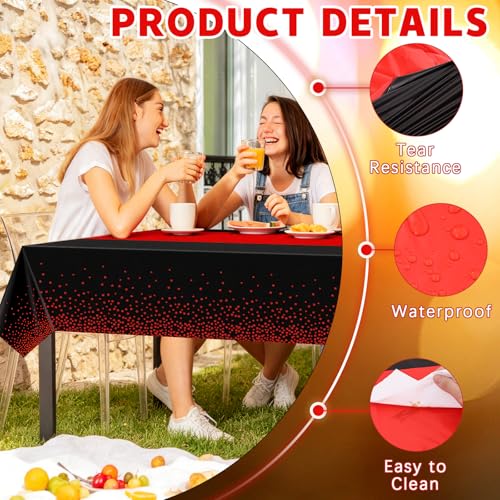 Disposable Black and Red Tablecloth Set - 2-in-1 Rectangular Party Cover (54x108")