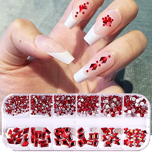 XEAOHESY 1620Pcs Red & Blue Nail Rhinestones for Nails & Crafts, Multi-Shaped & Sized Gems