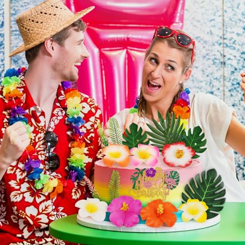 16PCS Tropical Hawaiian Flower Cake Toppers for Summer Parties