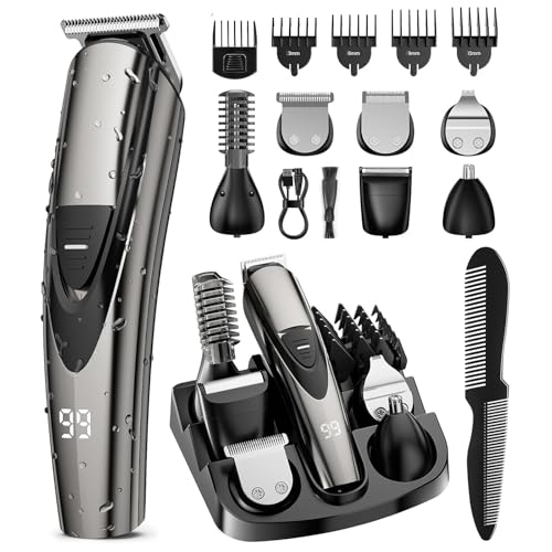 Rechargeable Beard Trimmer for Men: Professional Barber Hair Clipper with Detachable Blade & Turbo Speed, 12-in-1 Cordless Grooming Kit, IPX6 Waterproof, Safety Lock, Father's Day gifts