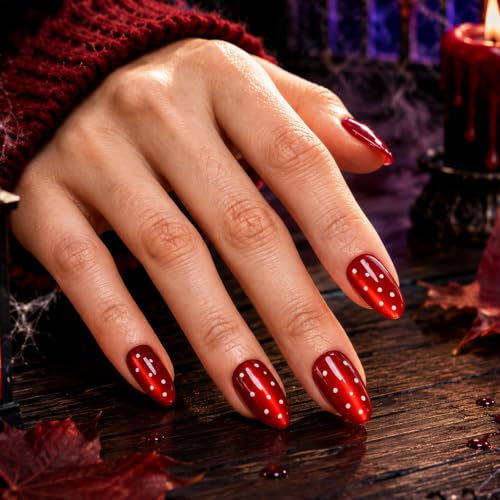 Beetles Polka Ruby Short Almond Press-On Nails - Halloween Cat Eye