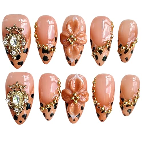 Handmade Press-On Nails 3D Flower & Gold Crown, M - Luxury Acrylic Fake Nails