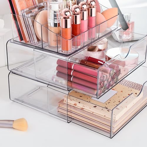 Vtopmart 3 Tier Clear Makeup Organizer with Drawer, Cosmetic Storage for Dresser Countertop and Bathroom Vanity, Beauty Holder for Lipstick Brush Skincare