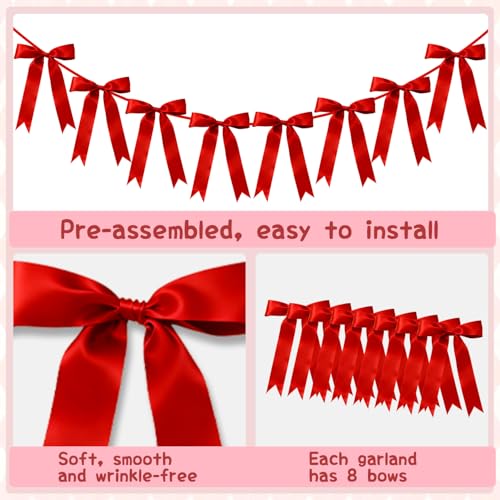 Red Bow Garland Banner Decoration - 6.7FT Pre-Strung Satin Ribbons