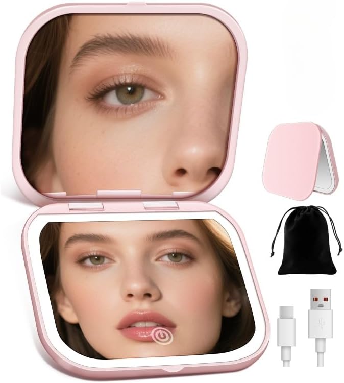 40X Rechargeable Magnifying Mirror with Light | Dimmable Brightness & 3 Lighting Modes - Portable Pink Travel Makeup Mirror