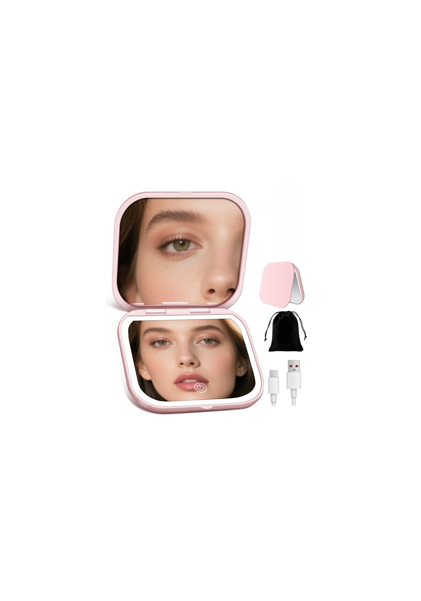 SisKokoro Magnifying Mirror with Light, Rechargeable 40X Compact Mirror with 3 Lighting Modes & Dimmable Brightness, Portable Travel Makeup Mirror with Light, Essentials for Travel, Pocket Purse Pink