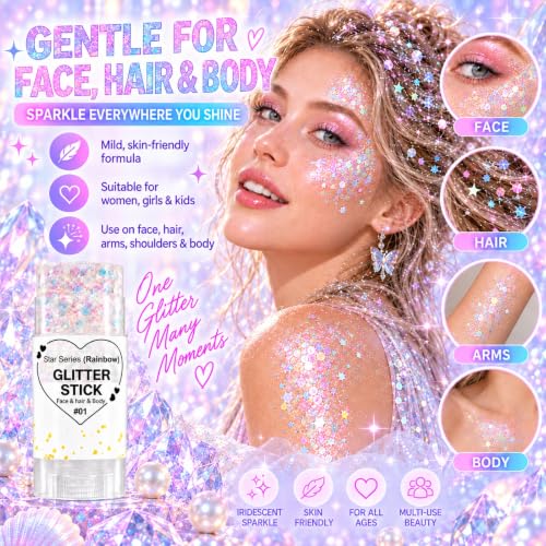 01Rainbow Rainbow White Hair Glitter Stick for Kids & Adults - Face, Body & Hair Sparkle
