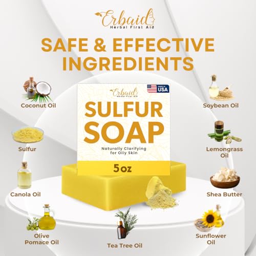 Erbaid Sulfur Soap Bar for Oily Skin - Natural Face & Body Cleanser, 5oz