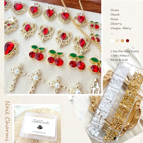 SilkRoselw 80pcs Gold Cross and Red Heart Nail Charms Set for Acrylic Nail Art