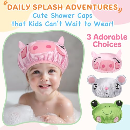 kilofly 3-Pack Reusable Animal Shower Caps for Kids & Adults Waterproof Bath Hats Set
