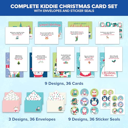 Decorably 36 Pack Kids Christmas Cards with Envelopes - 9 Fun Designs