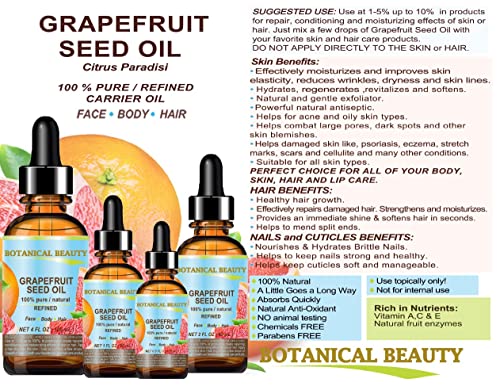 Botanical Beauty 0.5 Fl Oz Grapefruit Seed Oil - Pure, Cold Pressed Carrier Oil for Skin, Hair & Lip Care