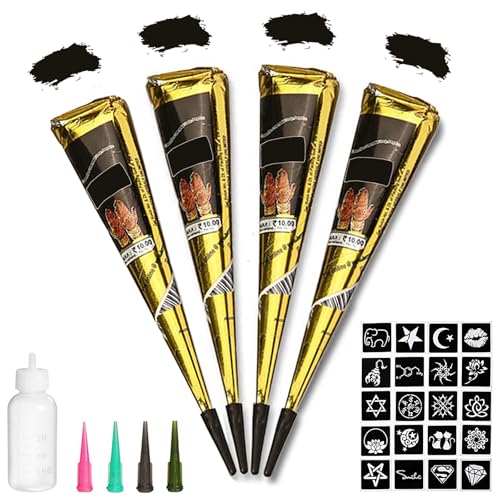 Yomagine Black Temporary Tattoo Kit with Cones, Stencils & Paste - Waterproof & Natural
