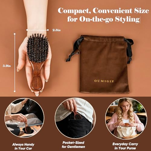 Oumigiz Small Boar Bristle Hair Brush - Handmade Wooden Travel Hairbrush