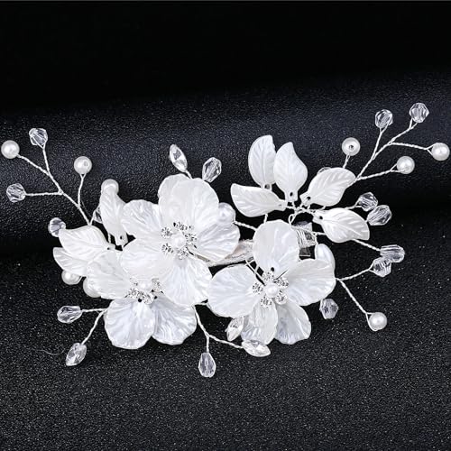 Bridal Pearl Flower Hair Comb with Rhinestones - Wedding Accessory