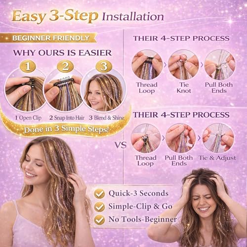 18 Pcs Rainbow Hair Tinsel Clips - 22 Inch Glitter Extensions