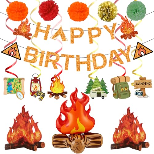 Camping Birthday Party Decorations Set - Rustic Kit with Banner, Swirls, and Centerpieces