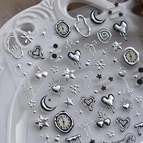 NBNTGH Silver Heart & Star Nail Art Stickers with Metal 5D Embossed Decals - Color02