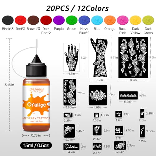 InkForge Temporary Tattoo Ink Kit with 147 Stencils - 20 Bottles, 12 Colors